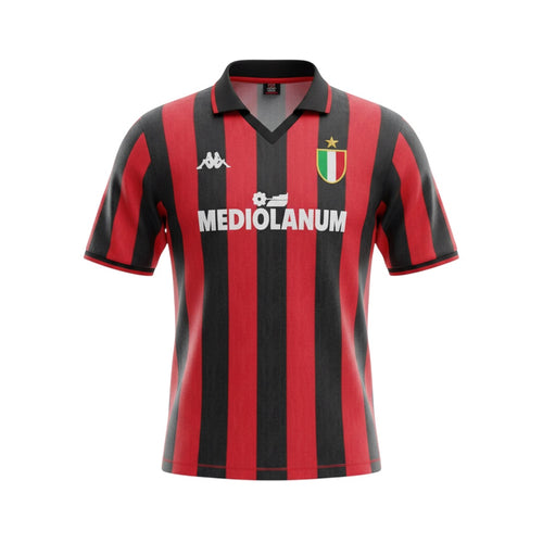 Hinchas Sportswear Store AC Milan 1988 retro jersey, red and black stripes, V-neck, Mediolanum sponsor, Kappa logo.