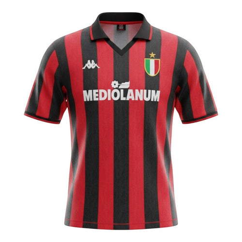 Hinchas Sportswear Store AC Milan 1988 retro jersey, red and black stripes, V-neck, Mediolanum sponsor, Kappa logo.