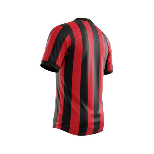 Hinchas Sportswear Store AC Milan 1988 retro jersey with red and black vertical stripes, V-neck collar, and Kappa logo.