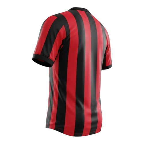 Hinchas Sportswear Store AC Milan 1988 retro jersey with red and black vertical stripes, V-neck collar, and Kappa logo.