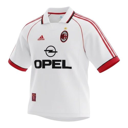 Hinchas Sportswear Store AC Milan 1998 retro white Adidas jersey with Opel sponsor and red trim, featuring Weah #9.