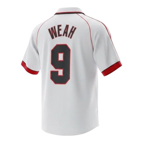 Hinchas Sportswear Store AC Milan 1998 retro white jersey with red trim, featuring Weah #9 on the back.