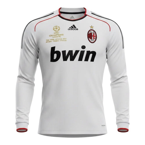 Hinchas Sportswear Store AC Milan 2007 long sleeve retro away jersey white with red trim, Bwin sponsor, Champions League badge.