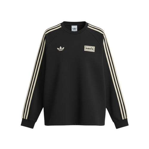 Hinchas Sportswear Store black Adidas x Oasis long-sleeve sweater with cream stripes on sleeves and embroidered logos.