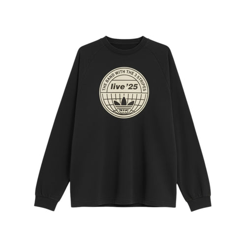 Hinchas Sportswear Store black Adidas x Oasis long-sleeve sweater with globe graphic and 'live '25' text.