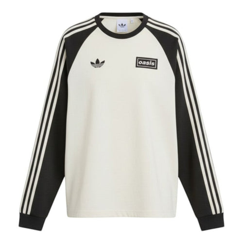 Hinchas Sportswear Store Adidas x Oasis cream and black raglan long-sleeve sweater with embroidered logos and three stripes.