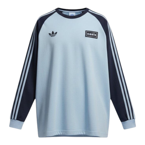 Hinchas Sportswear Store Adidas x Oasis light blue raglan long-sleeve tee with black sleeves and white stripes.
