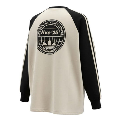 Hinchas Sportswear Store cream and black Adidas x Oasis long-sleeve raglan tee with iconic three stripes on sleeves and graphic logo.