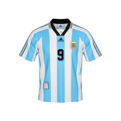 Hinchas Sportswear Store Argentina 1998 retro jersey, white and light blue stripes, black number 9 on front, Adidas logo.