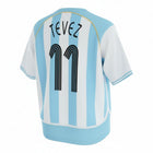 Hinchas Sportswear Store Argentina 2006 World Cup home jersey #11 Tevez retro, light blue and white vertical stripes, gold trim, black Adidas stripes.