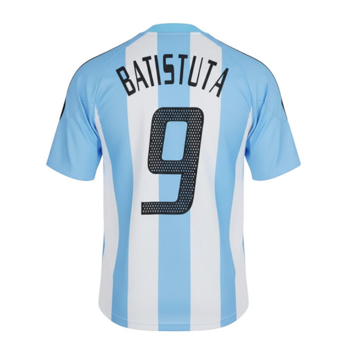 Hinchas Sportswear Store Argentina 2002 Batistuta #9 retro football jersey. Light blue and white vertical stripes, black accents.
