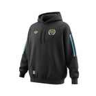 Hinchas Sportswear Store black Adidas Originals Argentina hoodie with gold Adidas trefoil logo and AFA crest, light blue stripes on sleeves.