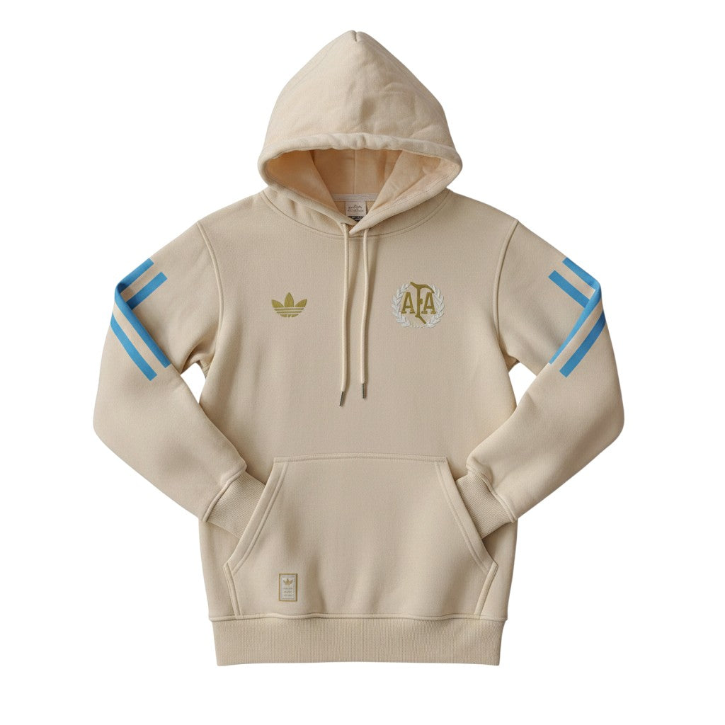 Hinchas Sportswear Store cream Adidas Originals Argentina hoodie with gold Adidas trefoil logo and AFA crest.