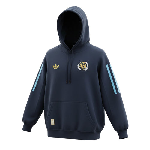 Hinchas Sportswear Store navy blue Adidas Originals Argentina hoodie with gold trefoil logo and AFA crest, light blue sleeve stripes.