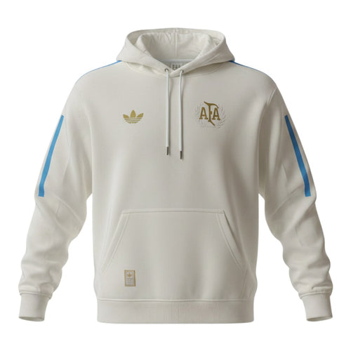 Hinchas Sportswear Store white Adidas Originals Argentina hoodie with gold Adidas trefoil logo and AFA crest, light blue sleeve stripes.