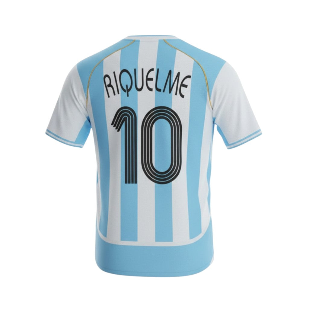 Hinchas Sportswear Store Argentina 2002 Riquelme retro jersey, light blue and white striped, with Riquelme 10 on the back.