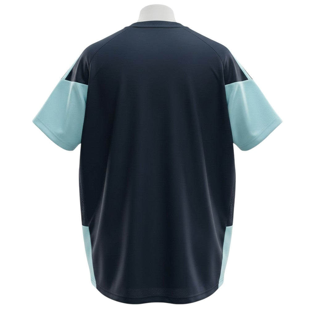 Hinchas Sportswear Store navy Adidas Climacool training shirt with light blue sleeves and accents. Features geometric texture and crew neck.