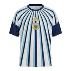 Hinchas Sportswear Store Argentina 2024 training shirt, white with radiating light blue and navy stripes, navy sleeves, gold Adidas logo and AFA crest.