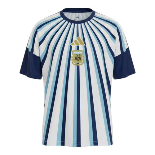 Hinchas Sportswear Store Argentina 2024 training shirt, white with radiating light blue and navy stripes, navy sleeves, gold Adidas logo and AFA crest.