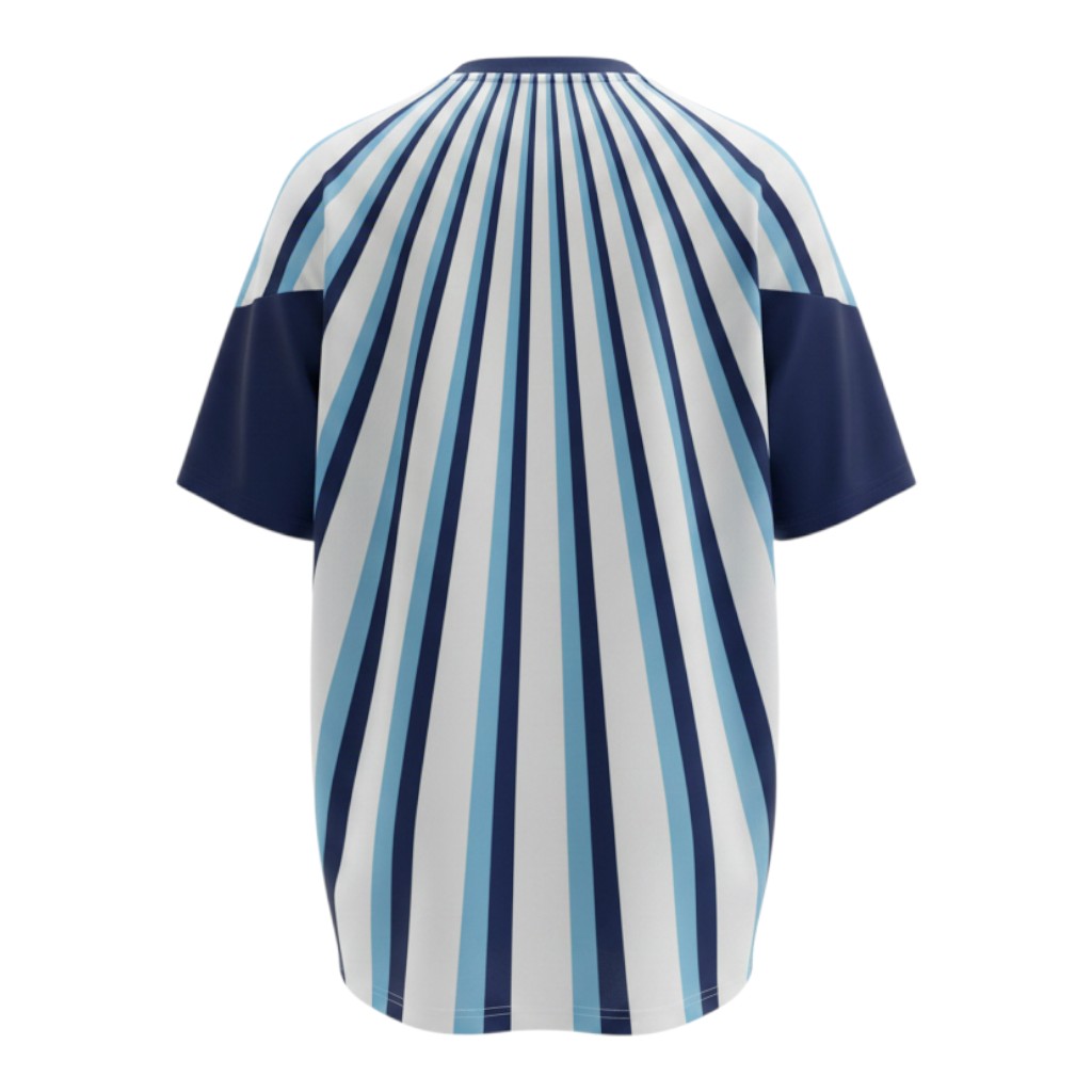 Hinchas Sportswear Store Argentina 2024 training shirt, white with radiating blue stripes, navy sleeves and collar.