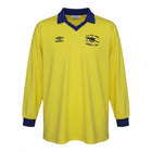 Hinchas Sportswear Store yellow long sleeve Arsenal 1979 FA Cup Final jersey with navy collar and cuffs, featuring Umbro logo and embroidered badge.