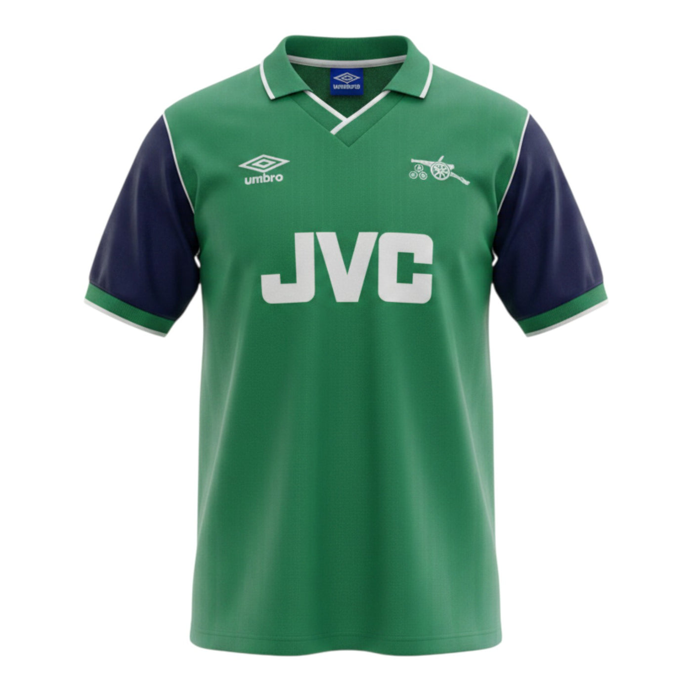 Hinchas Sportswear Store Arsenal 1982 away jersey in green, navy blue, and white with JVC sponsor and cannon crest.