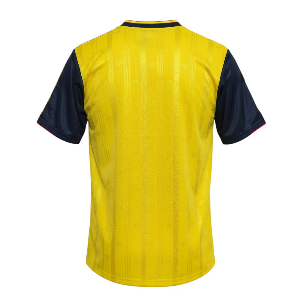 Hinchas Sportswear Store Arsenal 1988-91 retro away jersey, yellow with navy blue sleeves and red trim.
