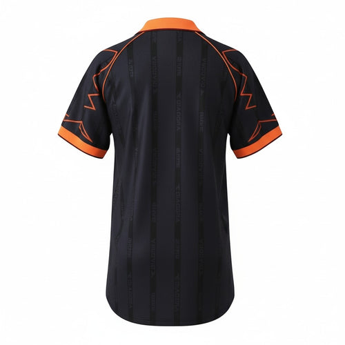 Hinchas Sportswear Store AS Roma 1998/99 black away jersey with orange trim and pinstripe pattern.