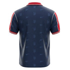 Hinchas Sportswear Store retro Atletico de Madrid 98-99 navy blue jersey with red sleeves and all-over crest pattern.