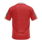 Hinchas Sportswear Store Bayern Munich 1991 retro red jersey with white collar and Adidas stripes, featuring UCL patches.