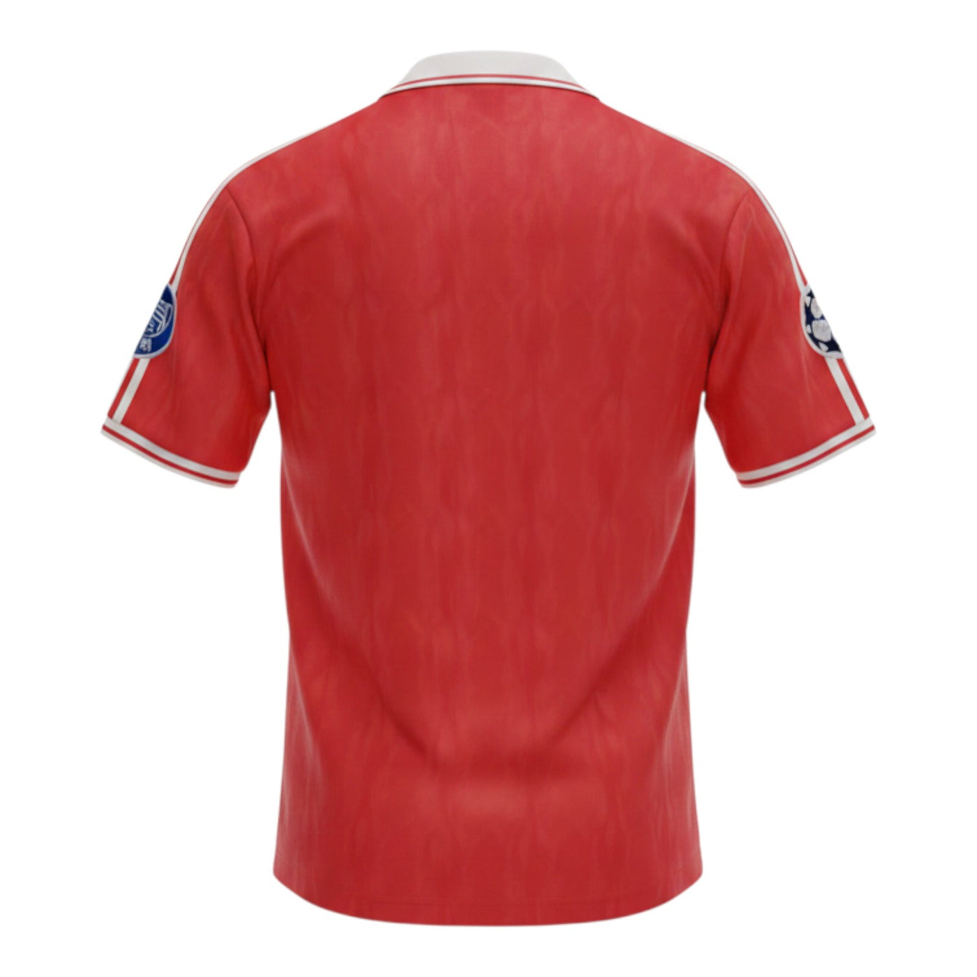Hinchas Sportswear Store Bayern Munich 1991 retro red jersey with white collar and Adidas stripes, featuring UCL patches.