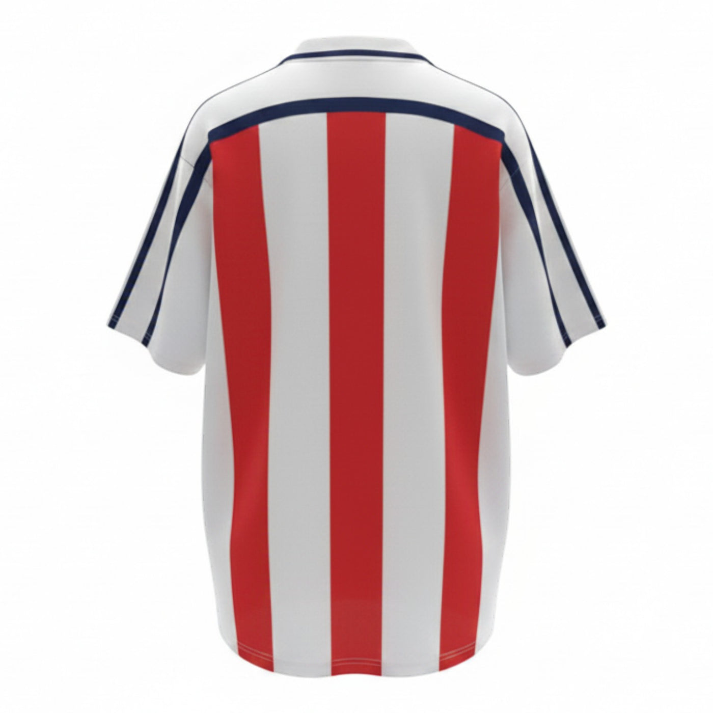 Hinchas Sportswear Store Bayern Munich 2001/02 retro away jersey, white with red vertical stripes and navy accents.