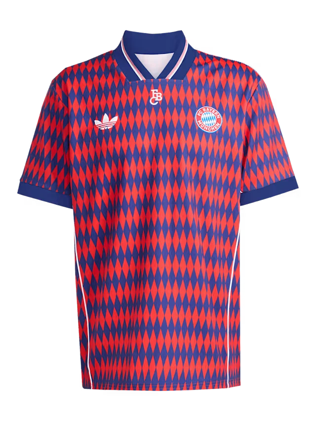 Hinchas Sportswear Store Bayern Munich retro jersey, red and navy diamond pattern, Adidas Originals logo, FC Bayern crest.