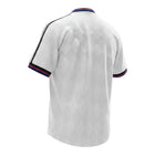 Hinchas Sportswear Store white retro Bayern Munich 1995/96 away jersey with diamond jacquard texture, Adidas stripes, and multicolor collar trim.