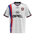 Hinchas Sportswear Store white retro Bayern Munich 1995/96 away jersey with red and blue stripes, Opel sponsor, and Adidas branding.