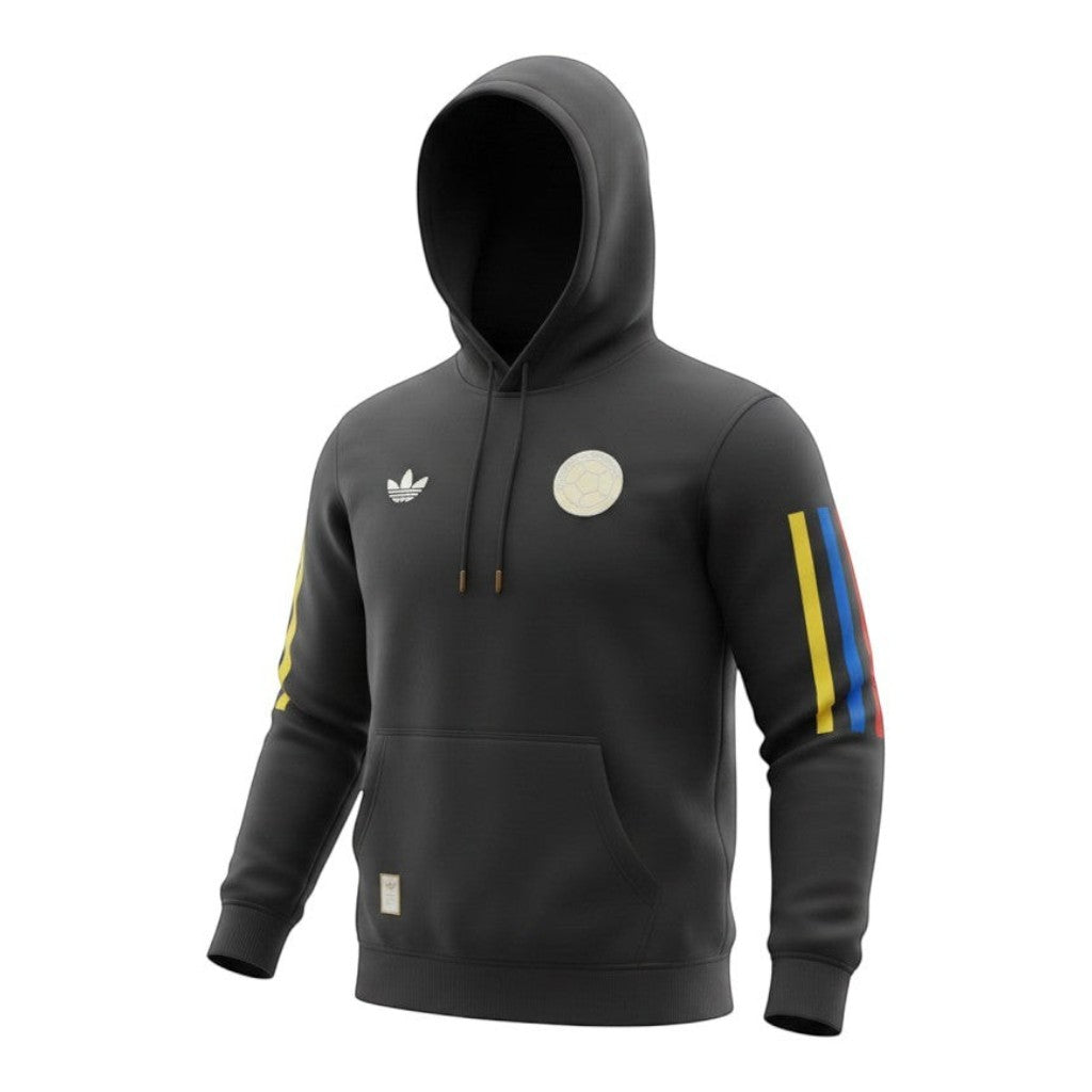 Hinchas Sportswear Store black cotton hoodie with Adidas Originals logo and Colombia crest, featuring tricolor sleeve stripes.