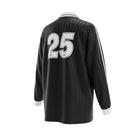 Hinchas Sportswear Store black long sleeve retro jersey with white collar, cuffs, Adidas stripes, and '25' on back.
