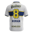 Hinchas Sportswear Store Boca Juniors 1996 retro jersey white with blue and yellow chest band, featuring Roman 8 and Quilmes sponsor.
