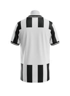 Botafogo 2024/25 Home Jersey by Reebok. Black and white vertical stripes, V-neck polo collar, and Reebok logo on back.