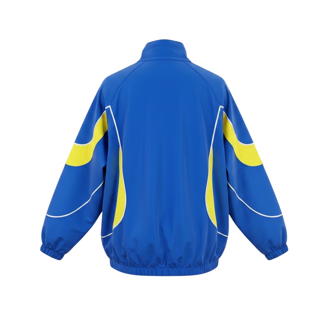 Hinchas Sportswear Store Brazil Jordan windbreaker jacket in royal blue with neon yellow panels and white piping. Full-zip, mock collar, elastic cuffs.