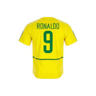 Hinchas Sportswear Store Brazil 2002 World Cup retro home jersey with Ronaldo #9 on back. Yellow with green accents.