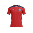Camiseta de fútbol retro roja de Inglaterra 2008 de Umbro con cuello en V blanco, detalles en azul marino y escudo del equipo.