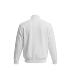 Chaqueta retro blanca de manga larga de Hinchas Sportswear Store con cuello alto y cremallera completa, detalles de rayas en el pecho.