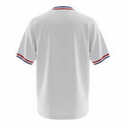Hinchas Sportswear Store white Chelsea 1982 retro jersey with red, white, and blue striped collar and cuffs.