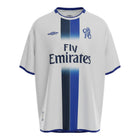 Hinchas Sportswear Store Chelsea 2003 away retro jersey, white with blue and navy gradient stripe, Fly Emirates sponsor, Umbro logo.