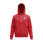 Sudadera con capucha roja del Chelsea FC Nike 2025/26 con escudo bordado y logo Swoosh en crema/dorado. Bolsillo canguro.