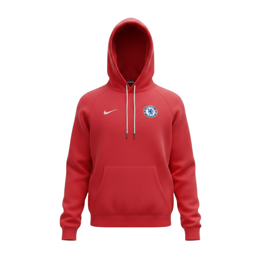 Sudadera con capucha roja del Chelsea FC Nike 2025/26 con escudo bordado y logo Swoosh en crema/dorado. Bolsillo canguro.