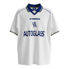 Hinchas Sportswear Store Chelsea FC 1998/00 retro away shirt. White textured fabric, royal blue polo collar with yellow trim, Autoglass sponsor.
