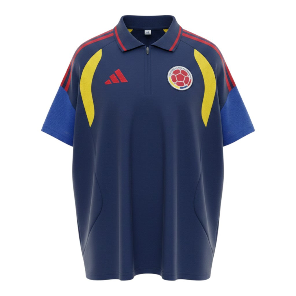 Hinchas Sportswear Store navy blue Colombia training polo with quarter-zip, red stripes, and yellow accents.