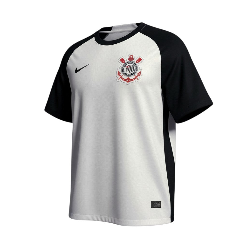 Hinchas Sportswear Store: Nike Corinthians 2025/26 white Dri-FIT jersey with black sleeves and embroidered crest.